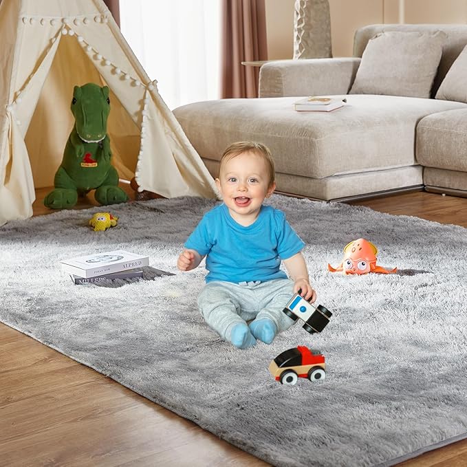 Ultra Soft Indoor Modern Area Rugs, 5x7 Tie-Dyed Light Grey Large Area Rugs for Living Room, Fluffy Shag Fuzzy Soft Carpet for Bedroom, Kids Home Decor Aesthetic, Nursery, Upgrade Anti-Skid
