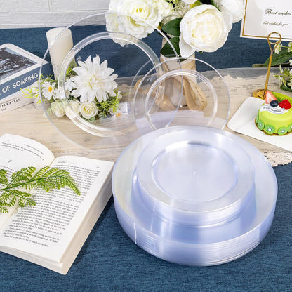FLOWERCAT 200PCS Clear Plastic Plates Disposable Plates for Party - Heavy Duty Plastic Plates - 100 10"Dinner Plates and 100 7" Salad Plates for Weddings, Easter Parties and Events