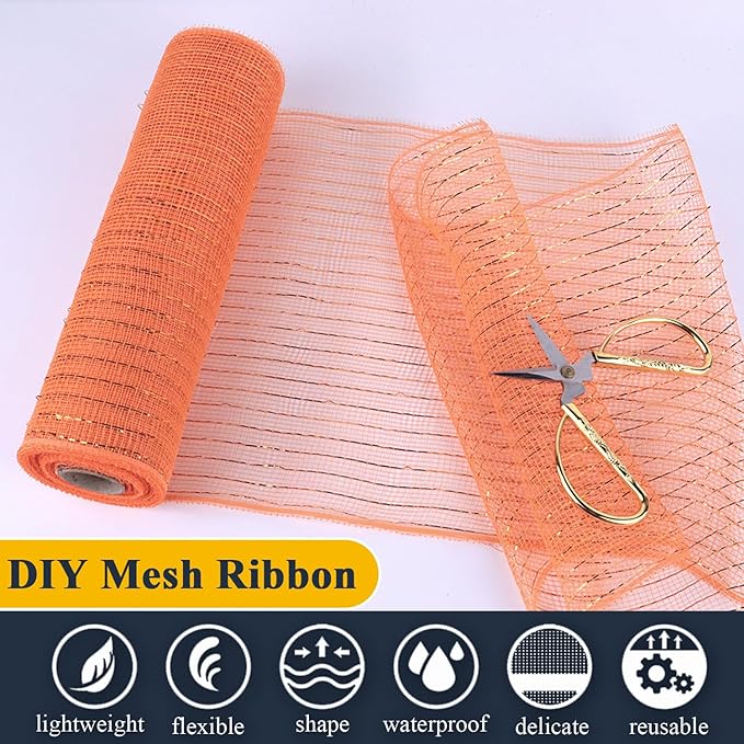 2 Pcs Orange Deco Mesh Ribbon Rolls 10 Inch 10 Yards(30 ft) Decorative Mesh Fabric with Foil for Wreaths Christmas Tree Ribbon Door DIY Craft Halloween Decor Wedding Party Supplies (Orange, 2Pcs)