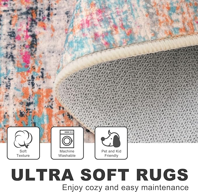 KILOCOCO Modern Abstract Runner Rug 2x6 ft Washable Hallway Runner Rug Non Slip Soft Pinted Kitchen Runners for Hallways Entryway Bedside Laundry Room Floor Runners, Pink/Orange/Blue