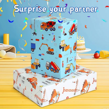 Gift Wrapping Paper Boy Kids Birthday Wrapping Paper Sheet Bulldozer Mixers Dumper Vehicles Pattern Excavator Tractor Dump Truck Road Under Construction Digger Wrapping Paper Birthday Gift Wrap