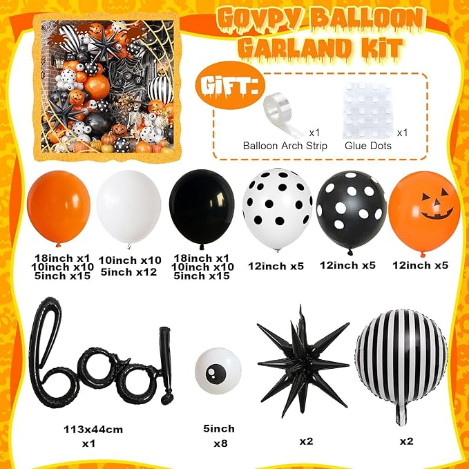 Halloween BOO Balloon Arch Garland Kit, Orange Black White Spooky Pumpkin Face Print Latex Balloons with Eyeball Spider Explosion Star Foil Balloon for Trick or Treat Scary Birthday Party Decorations