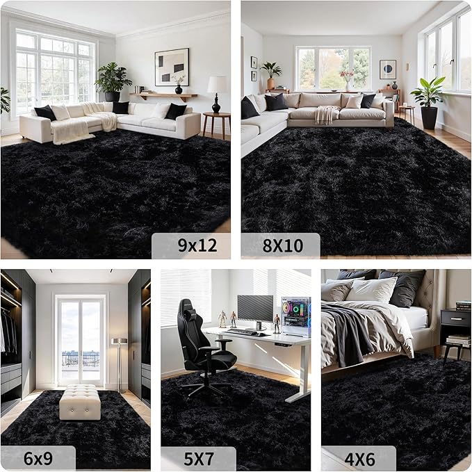 8x10 Area Rug for Living Room:Ultra Soft Fluffy Shag Black Rugs,Large Fuzzy Plush Indoor Non Slip Carpet Washable Rug for Bedroom Kids Nursery Office Dorm Modern Decor(Black)