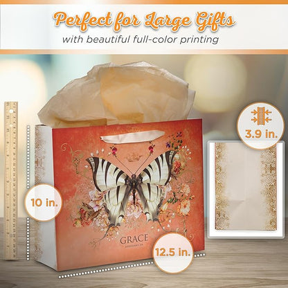Christian Art Gifts Large Landscape Scripture Gift Bag for Women w/Greeting Card & Tissue Paper Set: Grace - Eph. 2:8 Inspirational Bible Verse, Butterfly Multicolor Floral w/Shiny Gold, Deep Orange