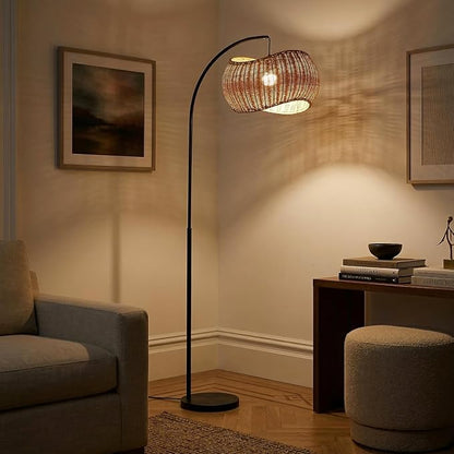 Brightech Wave Arc Floor Lamp - Chic Standing Lamp with Unique Hanging Wicker Pendant Shade for Living Room, Boho Rattan Natural Decor Lamp, Arcs Over Sofa, Bedroom & Office Desk for Reading - Black