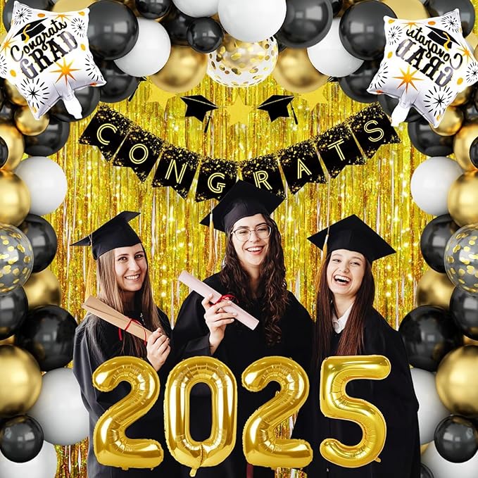 Graduation Balloon Arch Kit, Black Gold Graduation Balloons Garland with Confetti Balloon Graduation Banner Congrats Grad Star 2025 Foil Balloons for Class of 2025 Congrats Graduation Party Decoration
