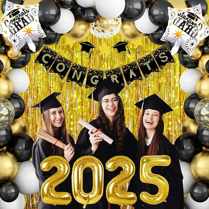 Graduation Balloon Arch Kit, Black Gold Graduation Balloons Garland with Confetti Balloon Graduation Banner Congrats Grad Star 2025 Foil Balloons for Class of 2025 Congrats Graduation Party Decoration