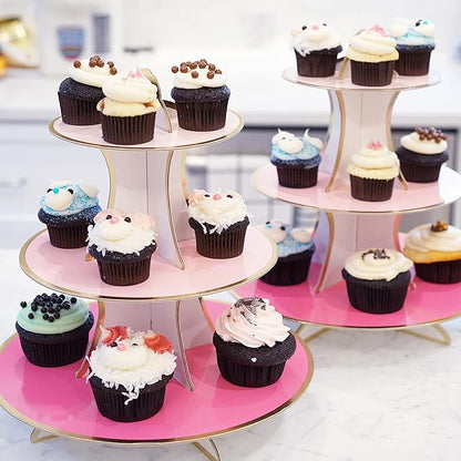 3-Tier Dessert & Cupcake Decorative Serving Tray Stand for Birthdays and All Themed Parties & Events, 2 Serving Towers Per Pack (Pink Ombre)