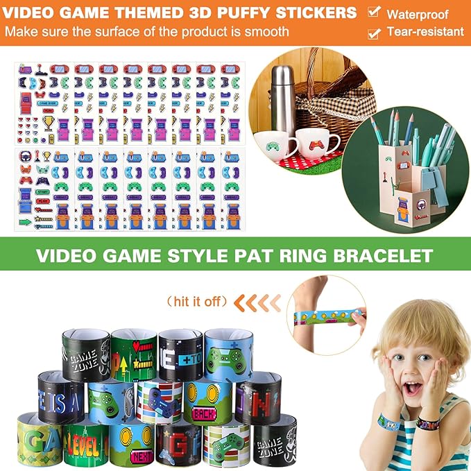 Lenwen 128 Pcs Video Game Party Favors Set Includes Reusable Gamer Drinking Straws Cups 3D Puffy Stickers Slap Bracelets Keychains Game Seals Gift Tags Stickers for Kids Gamer Birthday Party (Cool)