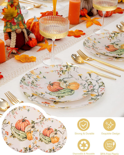 LIYH 60 Pcs Thanksgiving Plates Disposable Heavy Duty Thanksgiving Pumpkin Plastic Plates Fall Plastic Plate Include 30 10.25" Dinner & 30 7.5" Dessert Plate