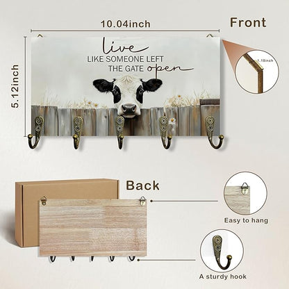 Cow Gifts Key Holder for Wall 10"x5.12", Cow Decor Key Hanger Wall Mount, Live Like Someone Left The Gate Open Rustic Farmhouse Cows Wooden Hanging Keys Holder Decor for Entryway
