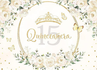 Homewelle Quinceañera Backdrop 7Wx5H Feet Polyester Fabric Mis Quince 15 Anos Birthday Party Decorations Supplies for Girl Princess White Floral Gold Crown Butterfly Photography Background Props