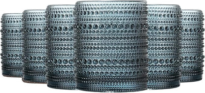 Blue Hobnail Drinking Tumbler | Set of 6 | 11 OZ Bubble Design Vintage Glassware, Beverage Glasses Bubble Water, Wine, Old Fashioned Cocktail, Whiskey Rocks Glass Cup, Elegant Glassware Gifts For Home