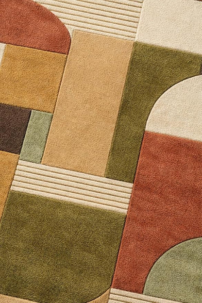 Hand Tufted Wool Geometric Rug – Mid Century Modern Terracotta Olive Cream Area Rug 8x10