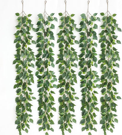 mizii 5 Packs 390" Artificial Vines Ficus Garland Fake Vine Silk Green Leaves Faux Plants Greenery Decoration for Bedroom Room Wall Party Table Centerpieces Wedding Arch Decor
