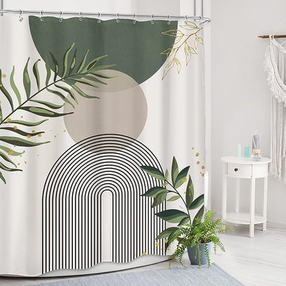 Boho Green Shower Curtain, Sage Bohemian Mid Century Modern 60Wx72H Bathroom Curtain, Abstract Gold Leaves Plant Olive Grey Minimalist Bathroom Decor Bath Curtain Polyester 12 Pack Hooks