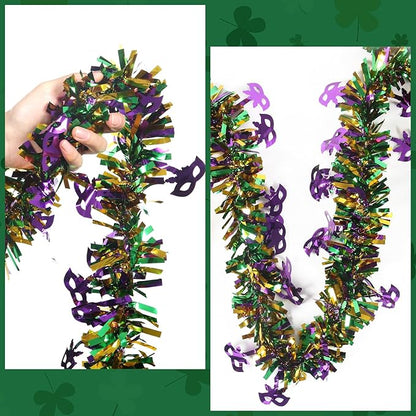 50 Feet Mardi Gras Tinsel Gold Green Purple Christmas Tree Tinsel Garland Metallic Twisted Hanging Garland for Mardi Gras Oktoberfest Birthday Party Decoration, B