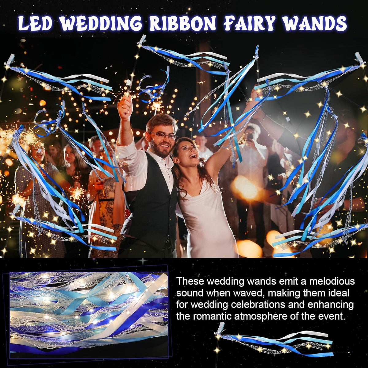100 Pcs Wedding Wands Ribbon with 3 Colorful Flashing Modes, Light up LED Silk Fairy Wands, Glow Lace Stick with Bells for Wedding Reception, Graduation, New Year, Birthday Party (Blue)