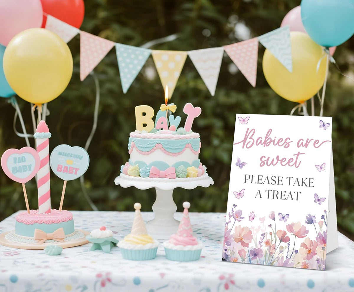 Butterfly Baby Shower Tabletop Sign, Babies Are Sweet Please Take a Treat, Include One 8×11 Sign with holder, Purple Butterfly Gender Reveal Party Decoration Supplies - FL29