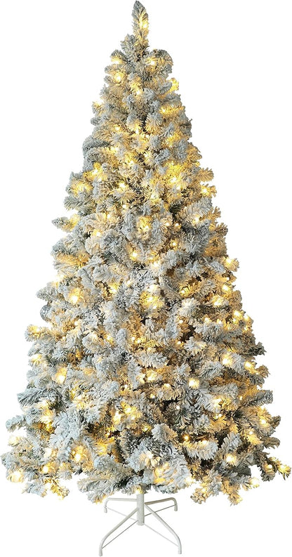 MUPATER 6ft Snow Flocked Christmas Tree Pre-lit, Christmas Flocked Tree with Warm Lights, Artificial Holiday Christmas Tree with Stand for Home, Party