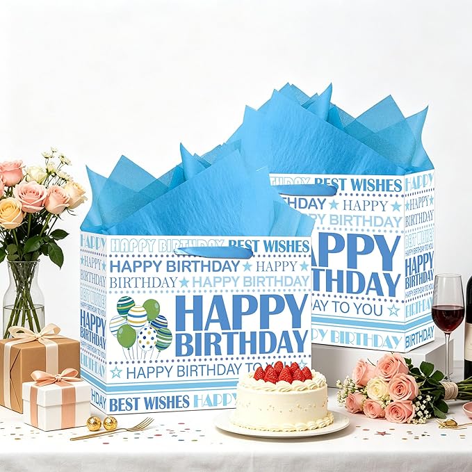 Happy Birthday Gift Bag, White Blue Birthday Bag with Tissue Paper and Greeting Card & Envelope & Sticker, Bithday Wrapping Paper for Men Women, 12.6" Medium Gift Bags Birthday Gifts for Boys Girls (StyleB)