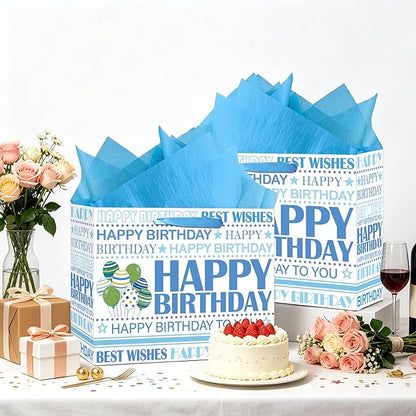 Happy Birthday Gift Bag, White Blue Birthday Bag with Tissue Paper and Greeting Card & Envelope & Sticker, Bithday Wrapping Paper for Men Women, 12.6" Medium Gift Bags Birthday Gifts for Boys Girls (StyleB)