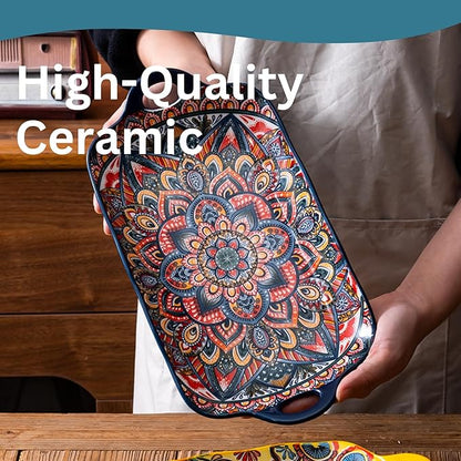 Serving Tray with Handles Rectangular Serving Platter Ceramic Extra Large Plates & Dishes Rectangle (Blue Garden)