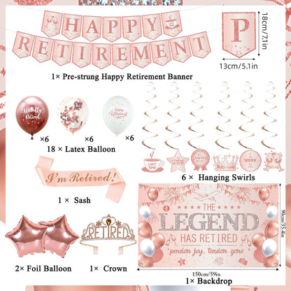 Roetyce Retirement Party Decorations Women, Rose Gold Happy Retirement Banner Backdrop Balloons Hanging Swirls for Coworker Family, Pink Lengend Has Retired Sash & Crown, Office Retired Background