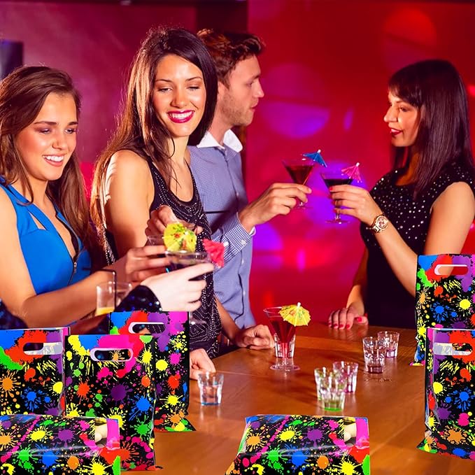 Neon Party Favors Gift Bags 50 Pcs Art Paint Splatter Colorful Goodie Bags Plastic Candy Treat Bags with Handles for Birthday Shower Neon Retro 80's 90's Theme Party Supplies Decorations