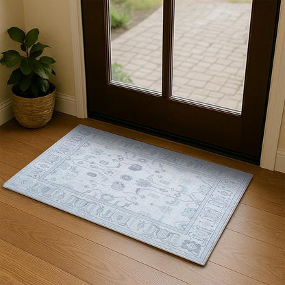 Fame Living Beige Oushak Rug, Modern Small Rugs, Vintage, Turkish, Eclectic, Floral, Pastel, Washable, Door Mat, Doormat for Indoor Entrance, Entryway, Kitchen, Bathroom, Bedroom, Laundry, 2'x3'