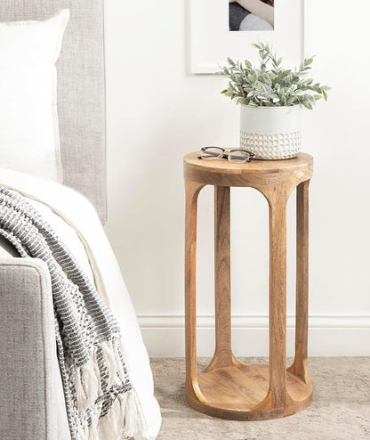 Kate and Laurel Dahl Wooden Round Drink Table; 12 x 23; Natural Brown; Transitional Boho Circle Wood Accent Pedestal Table for Living Room Plant Stand or Small Bedroom Nightstand