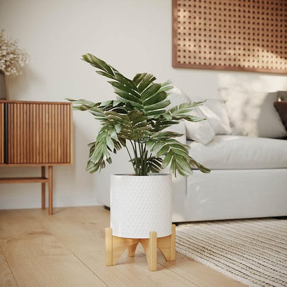 EverNest Claire Boho Modern White Planter with Arch Wood Stand, Indoor Mid-Century Plant Pot, SelectBase, Minimalist Planter Stand Home Décor (Medium, 2 Gallon)