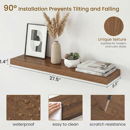 Dreamland Floating Shelves for Wall, 27.5 Inch Long Shelves, Wall Decor for Bedroom, Kitchen, Living Room & Book Storage, Mounted Floating Shelf with Invisible Brackets, Set of 2, Walnut