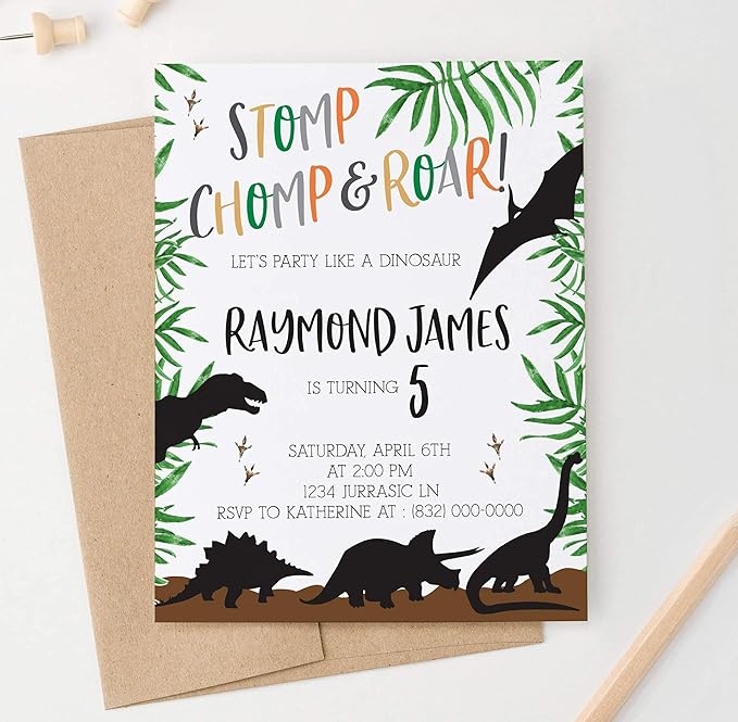 Modern Pink Paper Dinosaur Birthday Invitation for Boys, Dinosaur Invitations for Kids Party, Your choice of Quantity, Age, Info and Envelope Color