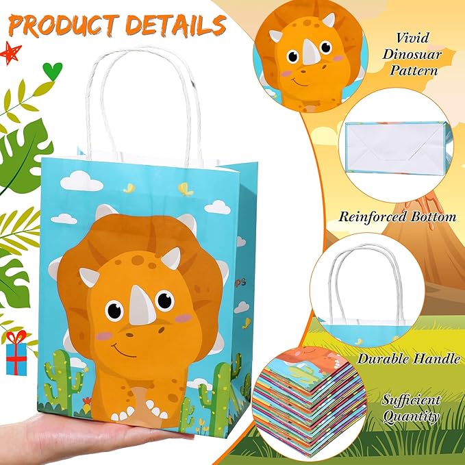 Pajean 24 Pcs Dinosaur Candy Bags with Handle, Dinosaur Party Favor Paper Bags Kids Gifts Goodie Treat Wrapping for Boys Girls Dino Theme Birthday Baby Shower Party Supplies(Cartoon Style)