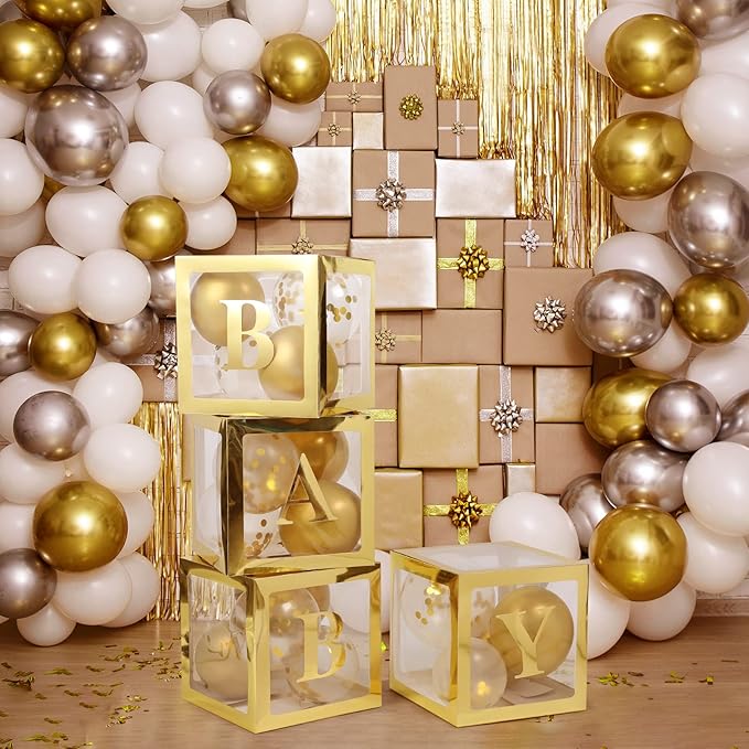 Voircoloria Baby Boxes with 42pcs Letters for Baby Shower Transparent Balloon Boxes Clear Balloon Box Blocks for Boy Girl Gender Reveal Party and Birthday Party (Gold)
