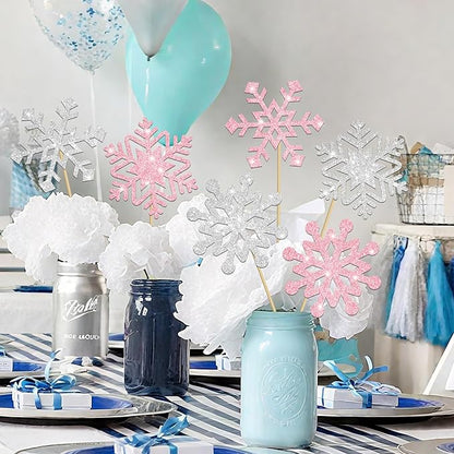 Frozen Party Snowflake Centerpiece Sticks Glitter Winter Wonderland Decorations 12PCS Snowflake Table Topper Centerpieces for Thanksgiving Christmas Birthday Party Supplies