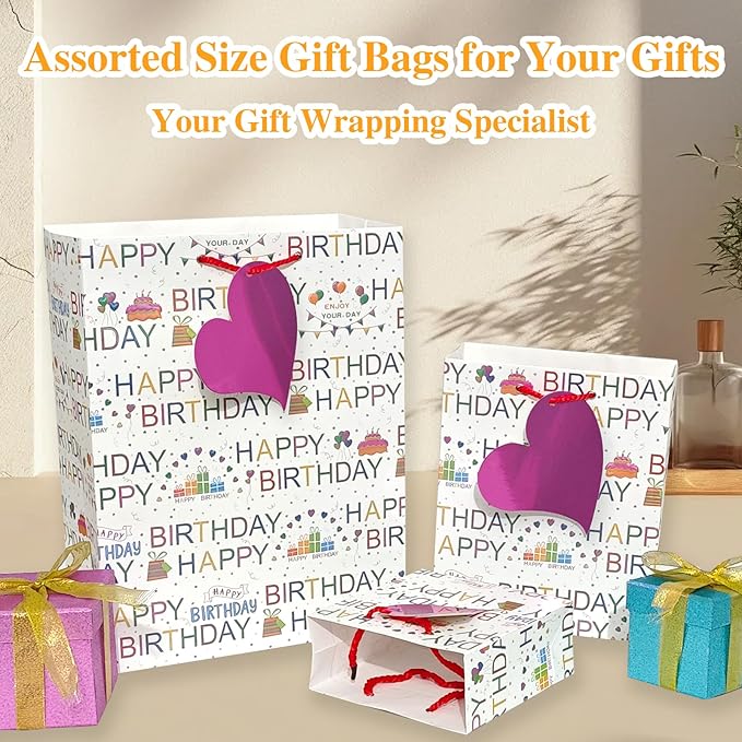 6 Pack Happy Birthday Gift Bags With Handles and 8 Colorful Tissue Papers,Assorted Size of Paper Gift Bag for Boy/Girls Kids Women Birthday Party, Anniversay Celebrations