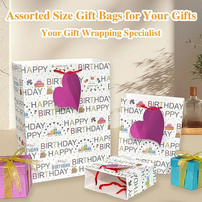 6 Pack Happy Birthday Gift Bags With Handles and 8 Colorful Tissue Papers,Assorted Size of Paper Gift Bag for Boy/Girls Kids Women Birthday Party, Anniversay Celebrations