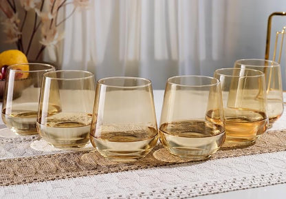 Amber Stemless Wine Glass Set of 6-17oz Wine Glasses, Stemless Drinking Glasses for Wine, Cocktails & Beverages - Elegant Glassware for Home, Bar & Holiday Use