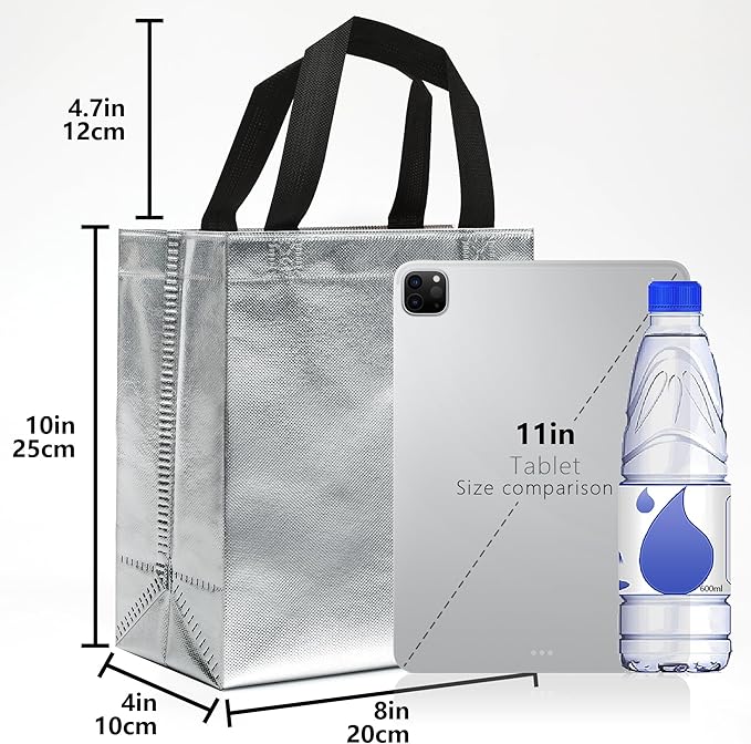 KeerxunBag 12pcs Reusable Gift Bags（Includes Tissue Paper） Gift bag with handle Birthdays Parties Holidays Weddings Medium 10x4x8in silver Gift Bags