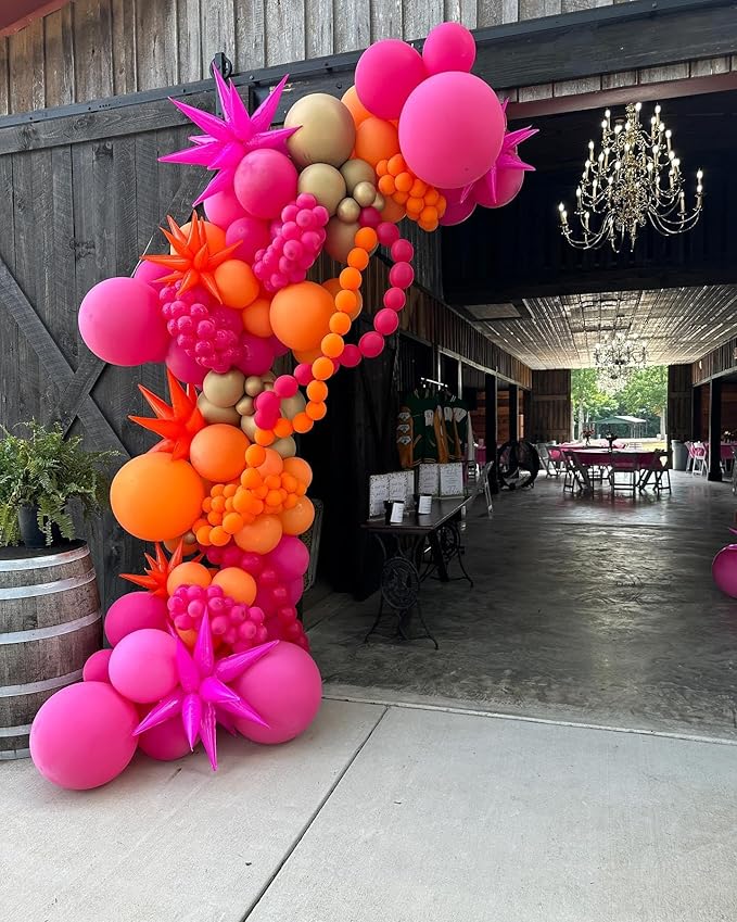 Pink and Orange Balloons Arch Kit, 124pcs Hot Pink Orange Metallic Gold Balloons with 16ft Tape Strip & Dot Glue for Birthday Baby Shower Wedding Party Decorations