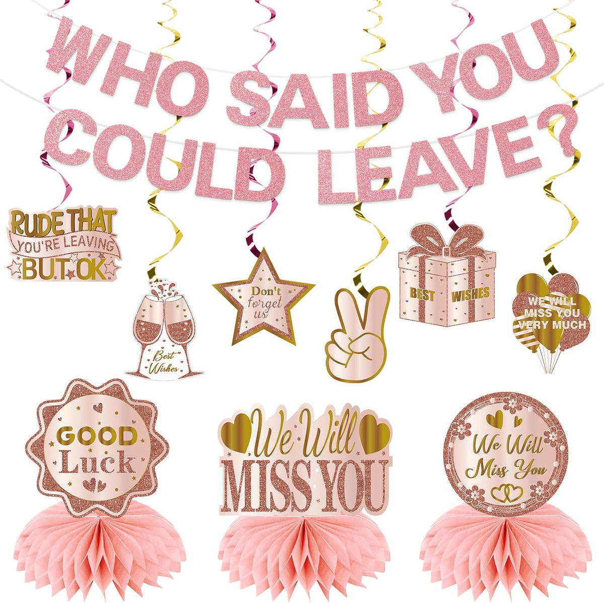 Going Away Party Decorations, Who Said You Could Leave Banner Good Luck We Will Miss You Farewell Decorations Retirement Goodbye Decor Table Centerpieces Hanging Swirls Party Supplies, Pink Rose Gold