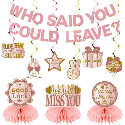 Going Away Party Decorations, Who Said You Could Leave Banner Good Luck We Will Miss You Farewell Decorations Retirement Goodbye Decor Table Centerpieces Hanging Swirls Party Supplies, Pink Rose Gold