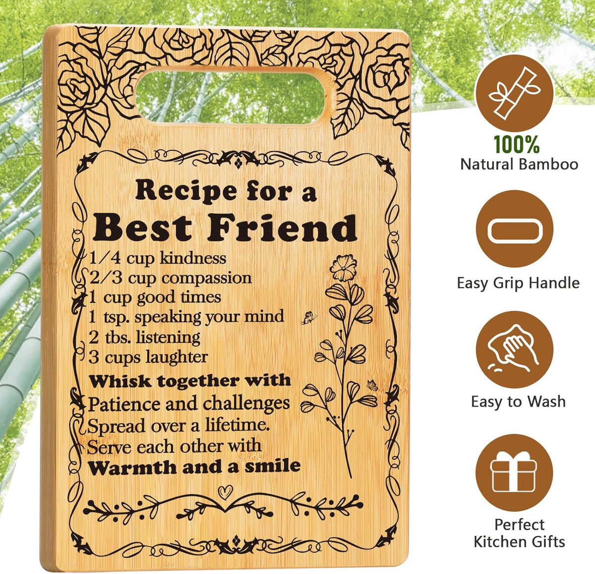 Best Friend Birthday Gifts Cutting Board Set, "Recipe for a Best Friend" Friendship Gifts for Woman Engraved Utensil Friends Gifts for Women Bff Bestie Soul Sister Birthday Mothers Day