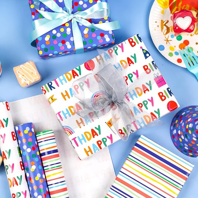 MAYPLUSS Birthday Wrapping Paper Roll - Mini Roll - 17 inch X 120 inch Per roll - Polka dots, Stripes Patterns (42.3 sq.ft.ttl)