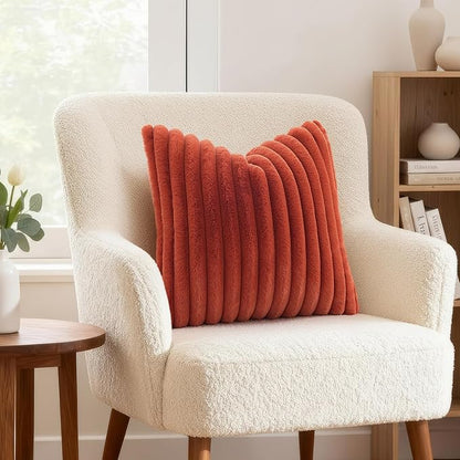 decorUhome Cozy Faux Fur Throw Pillow Covers 18x18 Set of 2 Decorative Soft Plush Striped Modern Farmhouse Boho Couch Pillow Cases with Velvet Back for Sofa Bed Living Room, Rust