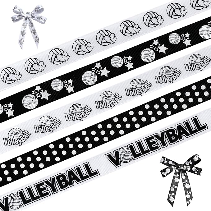 Volleyball Ribbons 5 Rolls 20 Yards, 5/8" Black White Grosgrain Cute Sports Volleyball Ribbons for Gift Wrapping Making Hair Bows Sports Theme Party Decor