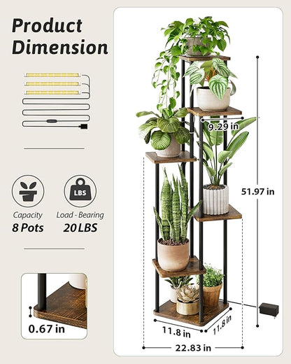 GENTINGBRO Corner Plant Stand Indoor 6 tiered plant shelf for Multiple Plants tall plant holder plant table metal shelving for Living Room Bedroom Balcony Patio Brown Oak with Light