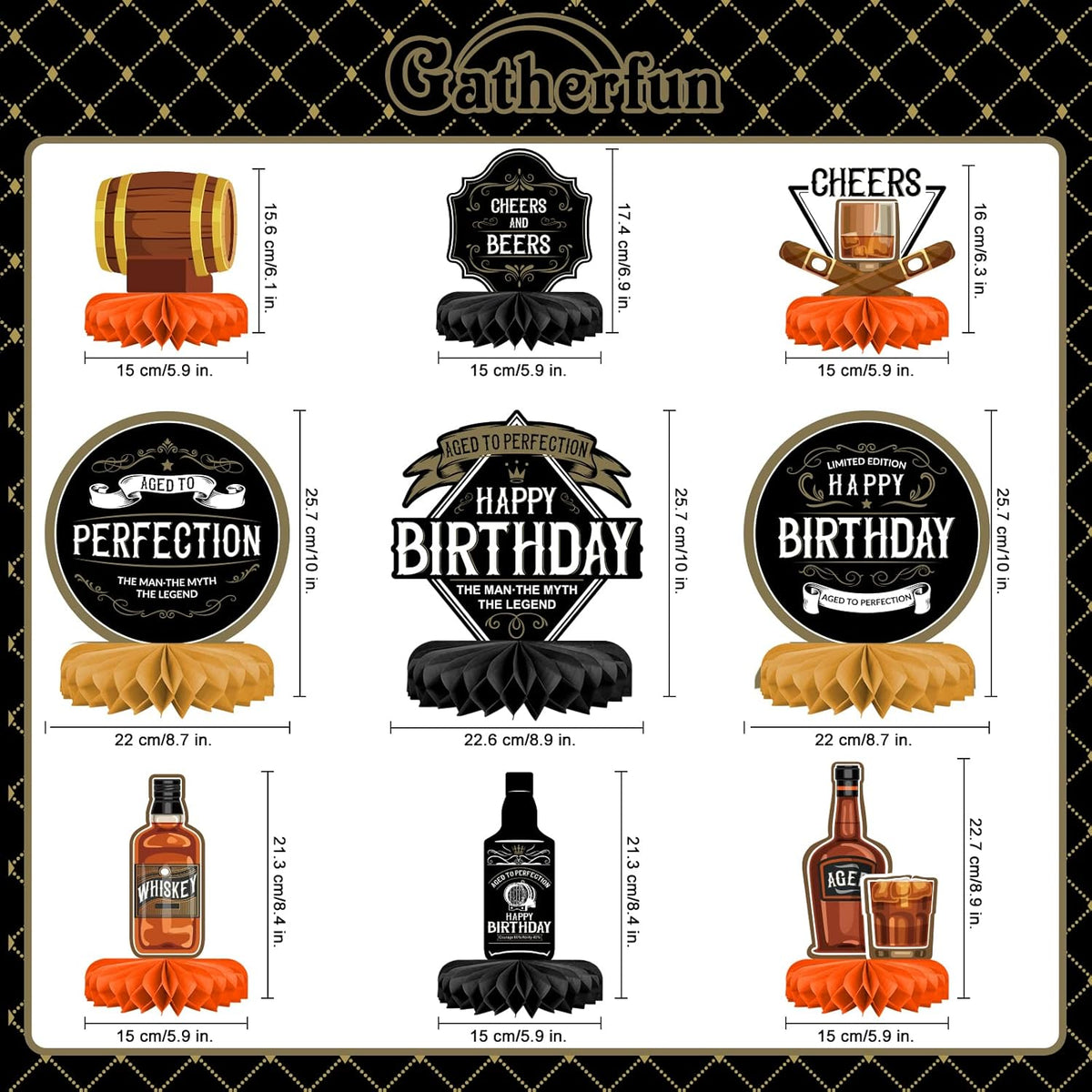 Whiskey pattern Birthday Party Decorations for MenTable Centerpiece Whiskey Honeycomb Table Toppers for 30th 40th 50th 60th 70th 80th Birthday decorations